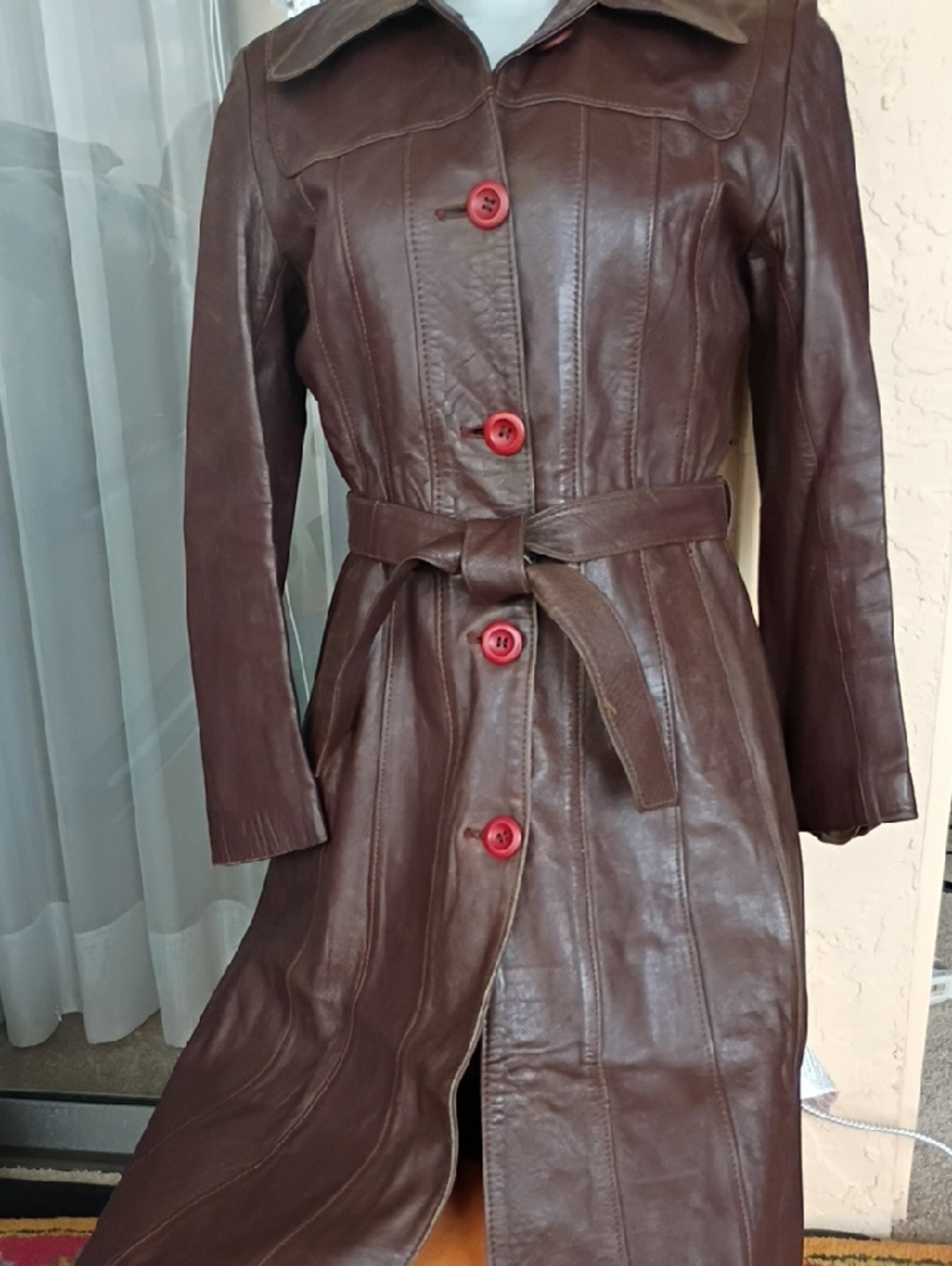 Women's Brown Leather Trench Coat with Belt